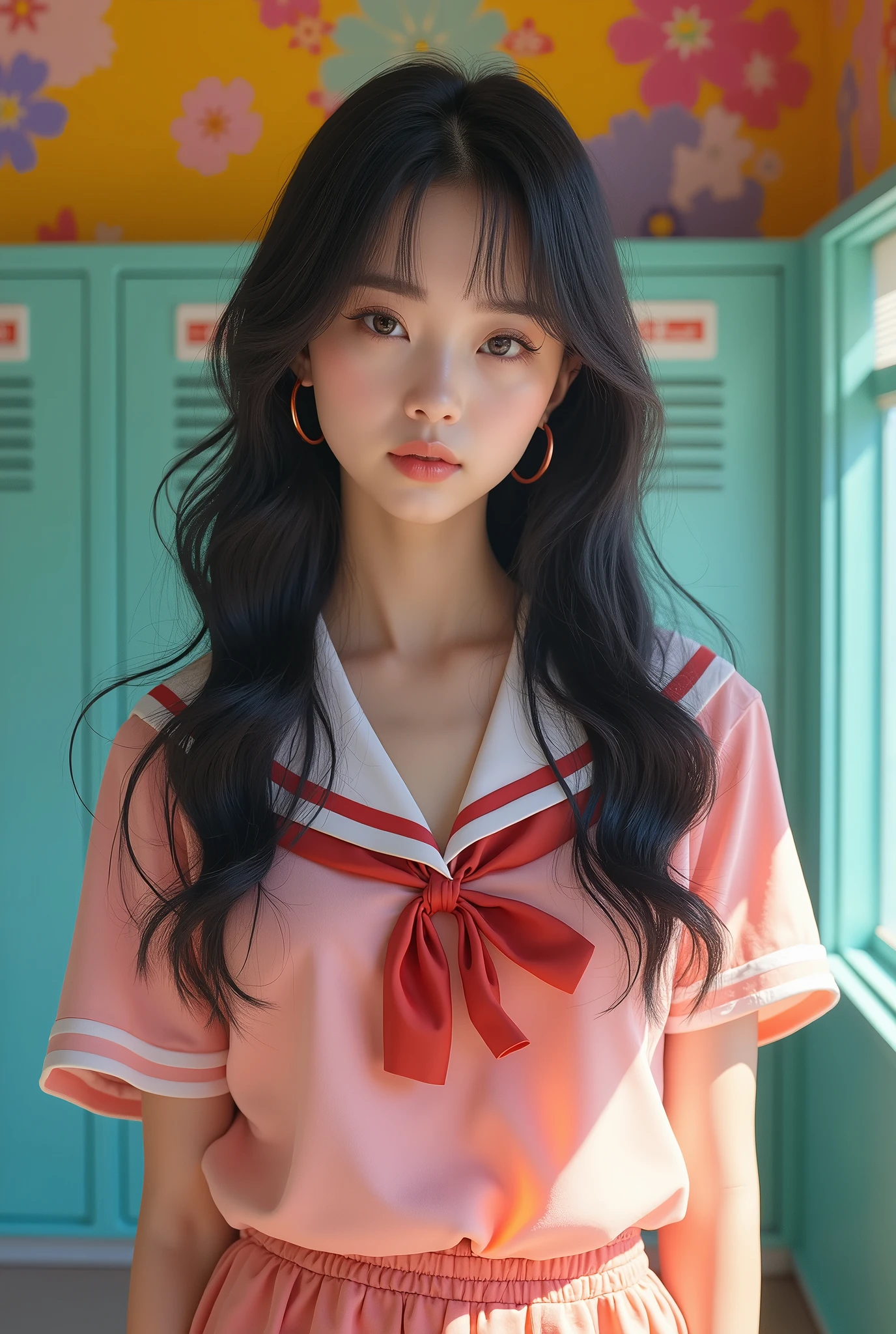 (masterpiece,Highest quality:1.4),(8k,RAW Photos,Photorealistic:1.2),Ultra-high resolution, ,(Glowing Skin:1.4),Detailed skin,Detailed face,Detailed eyes,(Beautiful and shining eyes:1.2),Symmetrical eyes,Detailed ears,One person,Natural Makeup,Fat high school girls,(((Japanese Idols))),(Japanese Face),Detailed Background,Vivid background,Beautiful and shiny hair,18-year-old,((age breasts)),,(Detailed Summer school uniforms for senior high school girls Japan),,((Sharp Face)),Natural light,,(Very detailed ,Trend design for 2024,online shopping,LUMINE® Market,),Trendy hairstyles,black_hair,long_hair,Upper Body,Instagram Style,(Detailed girls' locker room at school,,Location was great.),