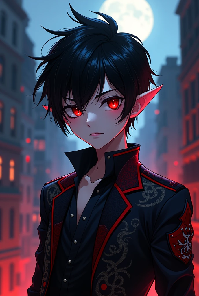 Create a photo for me of demon boy with black hair red eyes dressed in black and red short hair like Pakistani boy real life but anime look with army men hair and Pakistani boy face