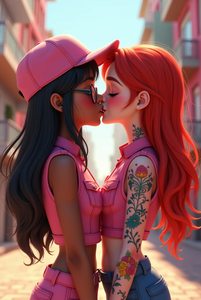 pixar design, Two female agers , una de pelo long negro, with glasses and cap, brown skin, another with red hair , long, with tattoos, White skin, pink military style clothing, passionately kissing 