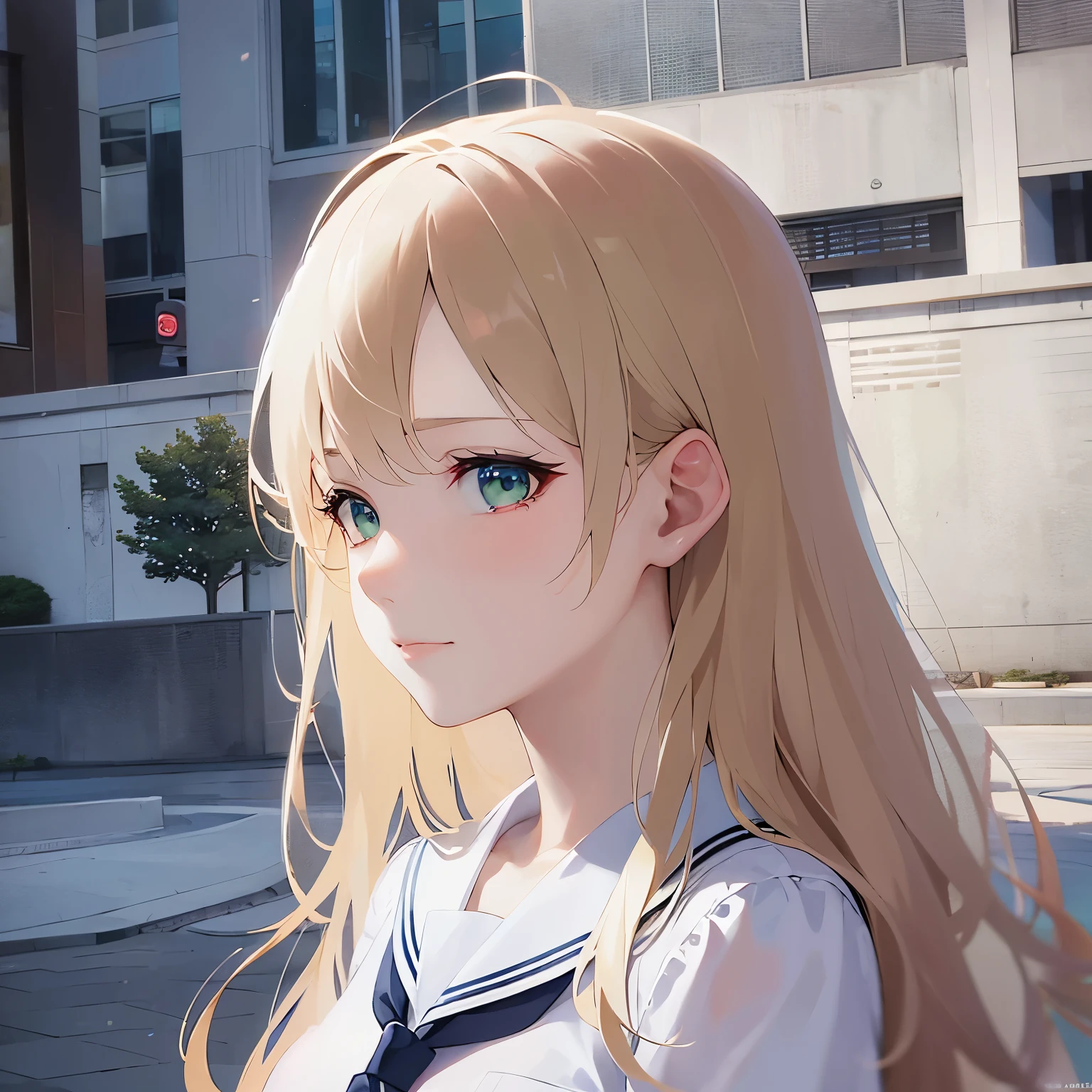 The background is a park
