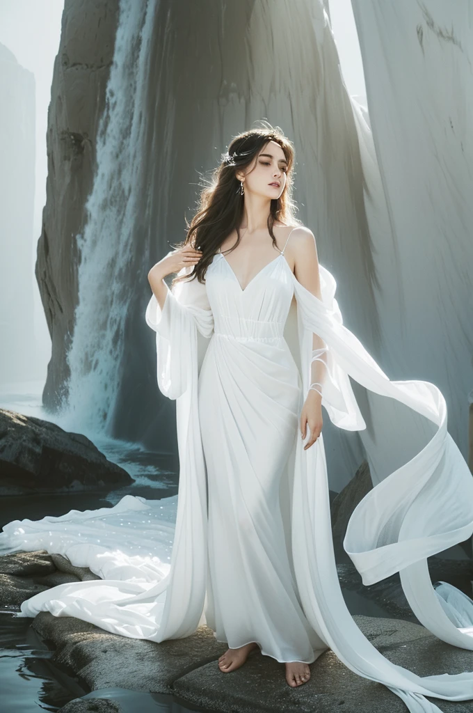 There is a woman in a white dress standing on the rock, elegant dress, flowing white robe, wearing a white elegant dress, flowing robe, flowing robes, Flowing white dress, Fluid magic robe, flowing robe, Flowy silk slip dress, Wearing a flowing long fabric, wearing a elegant dress, flowy fabric, Gauzy angel dress, Wearing a semi-transparent sheet