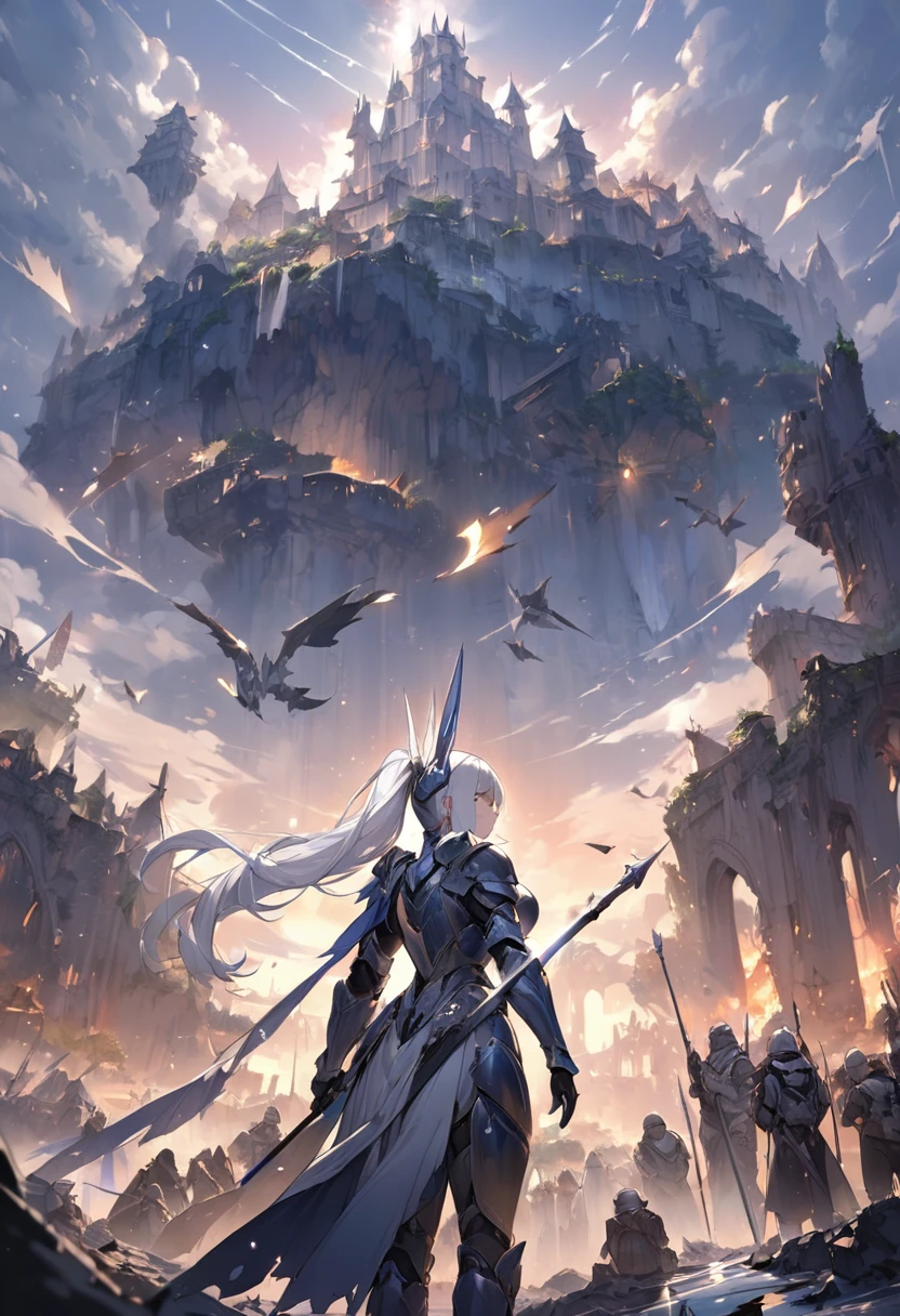 1girl, tall, at twilight, looking far beyond, standing, holding silver spear, dark blue armor with silver lining, full size plate armor, shining armor, huge angelic wings, expressionless, silver headgear, mature female, white hair, ponytail, (masterpiece best quality:1.2) delicate illustration ultra-detailed, large breasts, BREAK (luxurious venue) outdoors, warzone, dark mood, blue-silver-black coloring, broken flags, blue flags, collapsed castle, floating island, detailed background, crowded with soldiers, from behind, view from below