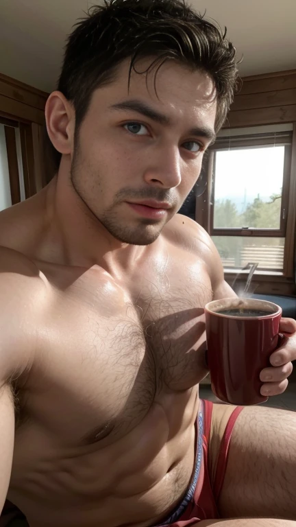 Muscular 42yo man wakening-up on bed body, morning-wood bulge, nice hairy chest, sweating drops, vivid color lips, moaning pleasure face, drinking coffee, morning sun rise, staring at camera.