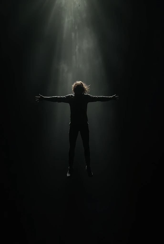 It has the silhouette of a person falling with a black background.