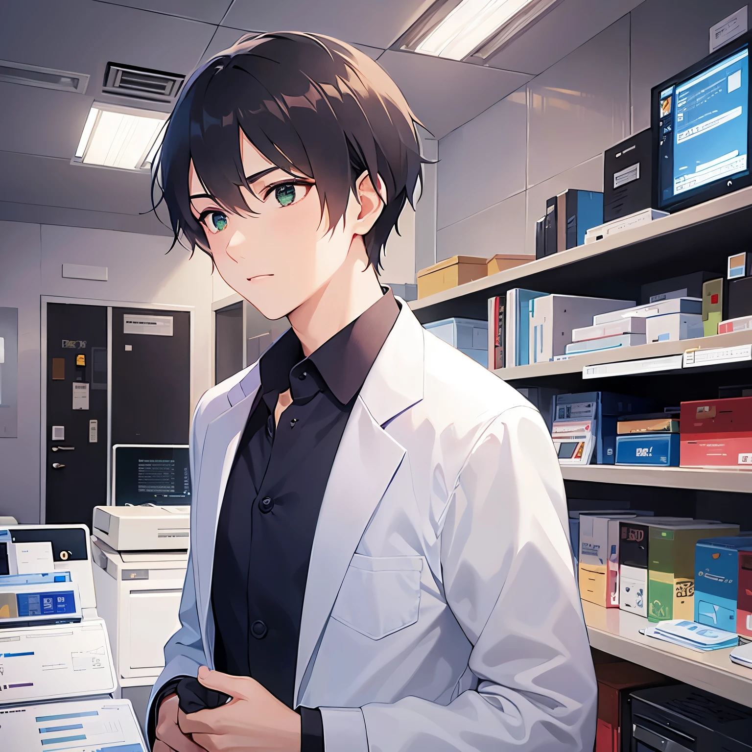 (looking away:1.5),upper body、
shiny skin, (looking away:1.5)、masterpiece、Highest quality、
(25-year-old male:1.5) and (Brown short hair) and (Green Eyes),
lab coat、White collared shirt、
Serious、The background is the laboratory.、(alone:1.5)