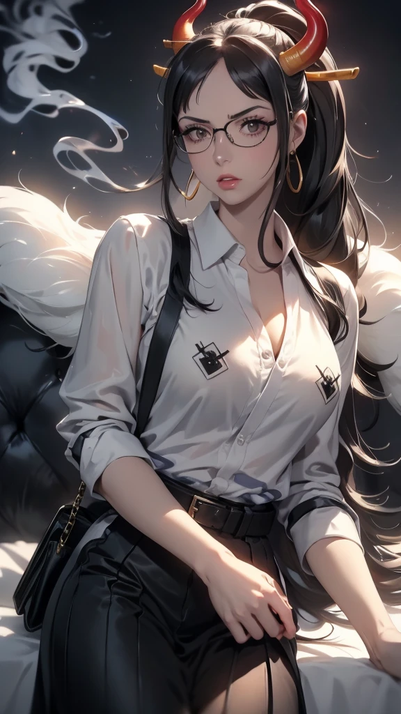 a tall businesswoman with long black hair in a ponytail, wearing a white blouse, black suit, business bag, red glasses, tattoo on chest, small breasts, horns, smoking a cigarette, sweating, curvy figure