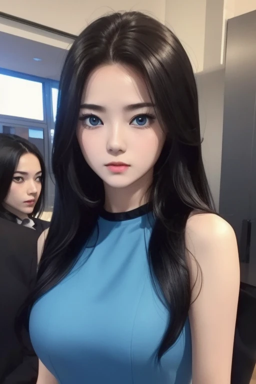 Best quality at best,,Reslisticstyle, girl 18 years old, Colossal tits:1.5, shin yuna, black hair, (Long Straight hair),  blue eyes, (Red slit Dress), sexy body