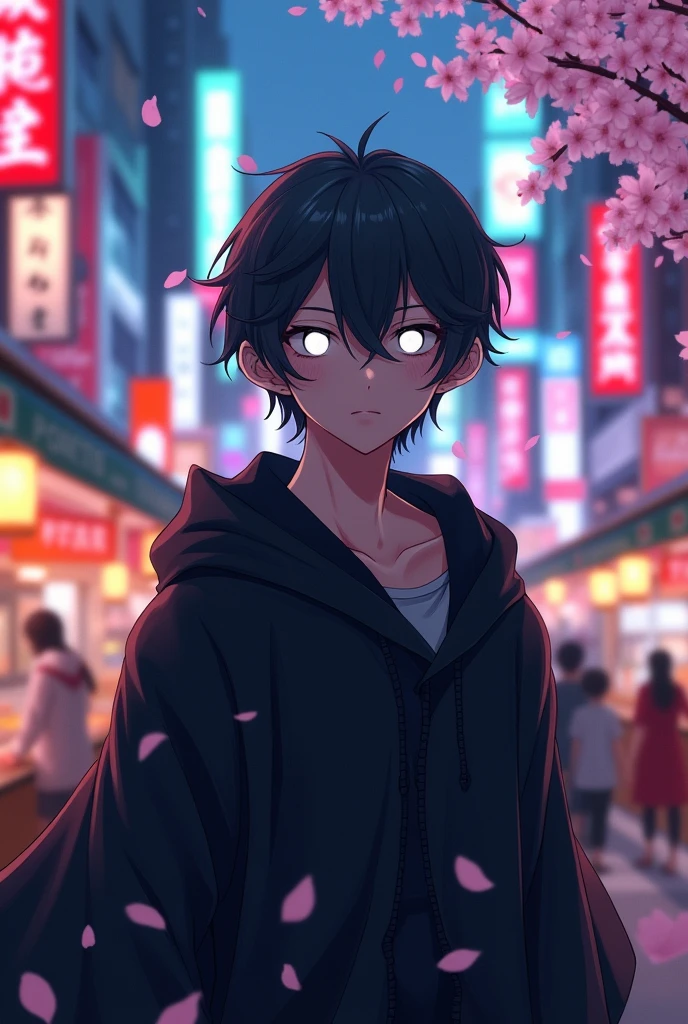 A young Japanese aasimar with short hair, a male anime character with white eyes lacking pupils, wearing a black hood but not actually putting it on.