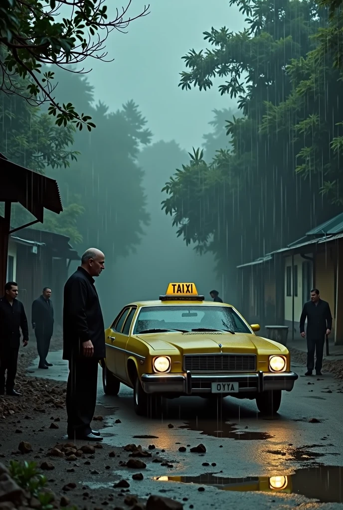 (best qualityer,4K,8k,highres,master part:1.2), ultra detali, (realisitic,Fotorrealisitic,fotorrealisitic:1.37), tenebrosa, natta, falling, ladder, YELLOW taxi, chevrolet opala, black clothing, blackquality hair, grimdark, Raby, rainny, Raby forte, ray tracing, older, muddy ground, black forest, people around the taxi, ruined buildings around, scared man out of the taxi, people around him