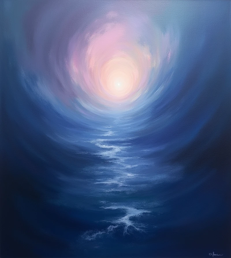 (Expressing Bottomlessness:1.4), depicted in an Impressionism art style, (the artwork captures a sense of infinite depth and void through soft, ethereal brushstrokes:1.2), (the composition features vast, open spaces with blurred edges that blend seamlessly into a seemingly endless horizon:1.2), (color palette includes deep, dark blues and purples mixed with lighter, misty tones to evoke a feeling of boundless space:1.2), (subtle gradations of light and shadow create the illusion of depth, drawing the viewer's gaze into the painting's immeasurable expanse:1.2), (the overall image conveys a sense of tranquility mixed with an underlying sense of the unknown:1.2), (perfect image quality:1.4), (intricate details in the brushwork, capturing the essence of infinite space:1.2), (the image evokes a contemplative mood, with soft, impressionistic forms that suggest the infinite and the unfathomable:1.2)