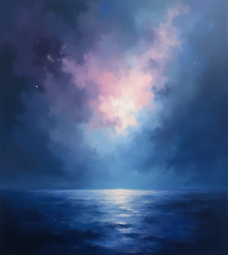 (Expressing Bottomlessness:1.4), depicted in an Impressionism art style, (the artwork captures a sense of infinite depth and void through soft, ethereal brushstrokes:1.2), (the composition features vast, open spaces with blurred edges that blend seamlessly into a seemingly endless horizon:1.2), (color palette includes deep, dark blues and purples mixed with lighter, misty tones to evoke a feeling of boundless space:1.2), (subtle gradations of light and shadow create the illusion of depth, drawing the viewer's gaze into the painting's immeasurable expanse:1.2), (the overall image conveys a sense of tranquility mixed with an underlying sense of the unknown:1.2), (perfect image quality:1.4), (intricate details in the brushwork, capturing the essence of infinite space:1.2), (the image evokes a contemplative mood, with soft, impressionistic forms that suggest the infinite and the unfathomable:1.2)