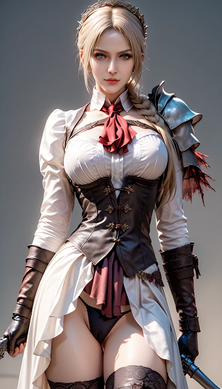 score_9, score_8_up, score_7_up,  masterpiece, ultra detailed, 1 female, realistic,ntmix,solo,lady maria (bloodborne) cosplay,lady maria,weapon