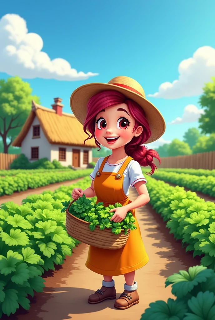 Draw a cartoon，The painting shows a woman harvesting vegetables，There are many green vegetables in the yard，He is very happy，There is sun，There is a thatched hut