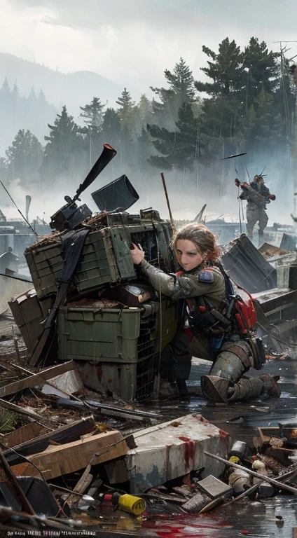 Postapocalyptic combat scene with a Beautiful hyperrealistic photograph of cute Young Swedish woman with Runic tattoos, ((dirty face Blood splattered)), (((wearing full heavy mecha armor, combat harness, Neon highlights))) Short Red Dreadlocks, combat pose, (((Holding on to the side of a combat Sci-Fi Combat helicopter))), exterior of Destroyed building, Fires, Smoke, debris, Camo netting, Ammo Boxes, Rain, Stormy, Wet, abstract beauty, near perfection, pure form, intricate detail, 8k post-production, High resolution, super Detail, trending on ArtStation, sharp focus, studio photos, intricate detail, Very detailed, By Greg Rutkowski