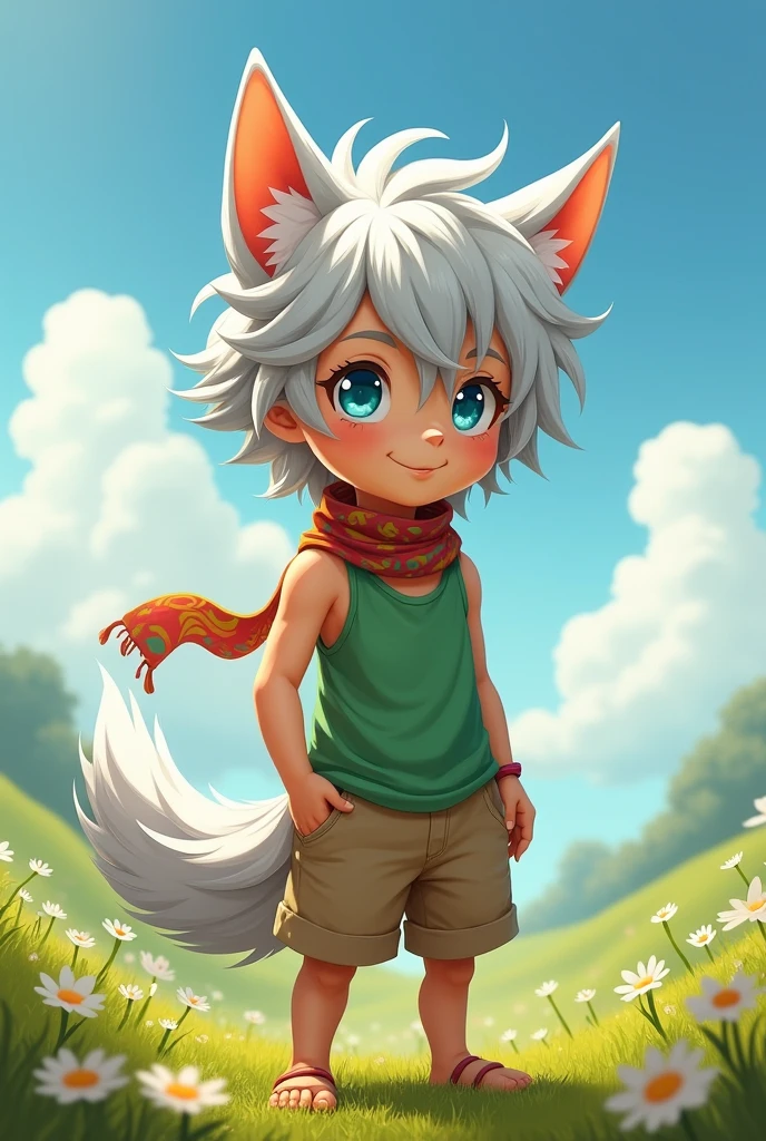 Male child, gray hair dyed white, blue eyes, with pointed dog ears and a furry, curly tail behind him. Dressed in a green tank top with a scarf tied around his neck and beige shorts.