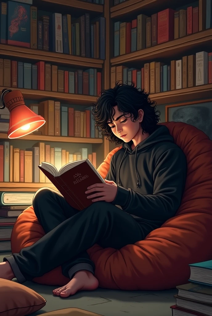 Make a teenager with a black jacket,black pants,The teenager is fat,has long hair,He is reading a book
Curly black hair