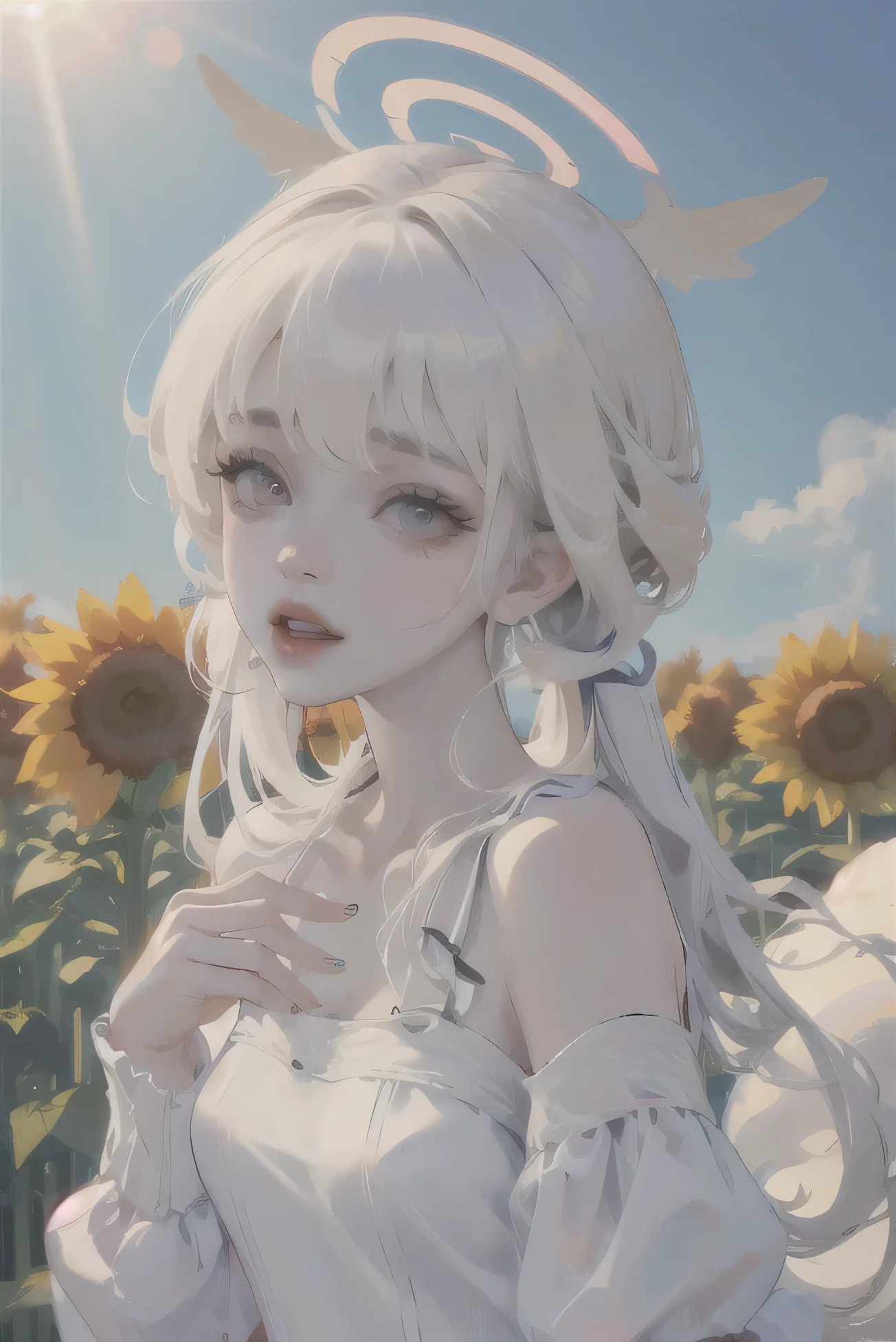 (High quality) (best quality) (A woman) (correct physiognomy) (perfect pupils) (perfect eyes) woman, deep white hair, long and fluffy, two Sheep ears coming out of her head, eyes of color red, sensitive lips, feminine appearance, soft facial features, thin eyebrows, soft skin, rosy cheeks, rosy lips, silky eyelashes, dreamy expression, middle age, youthful clothing, sweatshirt with print sheep, photo illuminated by sunlight, woman in a field of sunflowers
