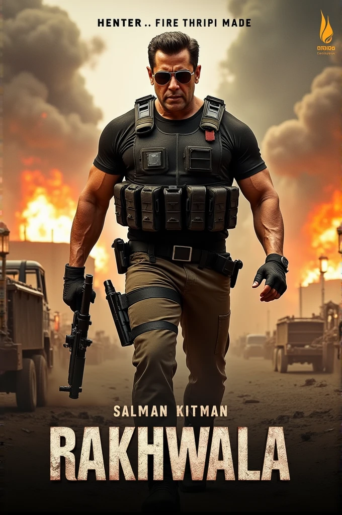 le: Rakhwala
Tagline: "Dushman jo samjhe tha raaste mein aayega, woh raaste par nahin rahega."
Visuals:
Background: Ek rugged, industrial area ya barren desert landscape jahan dust aur smoke chhaya hua hai.
Foreground: Salman Khan ek intense action pose mein, full combat gear mein, jaise ek tactical vest aur sunglasses. Uski body language strong aur commanding hai, aur haath mein ek weapon (like a rifle or fist) ho sakta hai.
Color Scheme: Dark aur gritty tones, jaise charcoal blacks, deep browns, aur vibrant orange highlights explosions ya fire ke liye.
Text: Tit"Rakhwala" ko center mein bold aur aggressive font mein likha jaye. Tagline ko niche ya side mein in a smaller, sharp font.
Additional Elements: Action-packed scenes jaise speeding vehicles, flying debris, aur intense lighting effects, jo poster ko dynamic aur engaging banaye.
Is prompt ko use karke aap Salman Khan ko ek impactful aur thrilling action role mein dikhane wala poster design kar sakte hain.