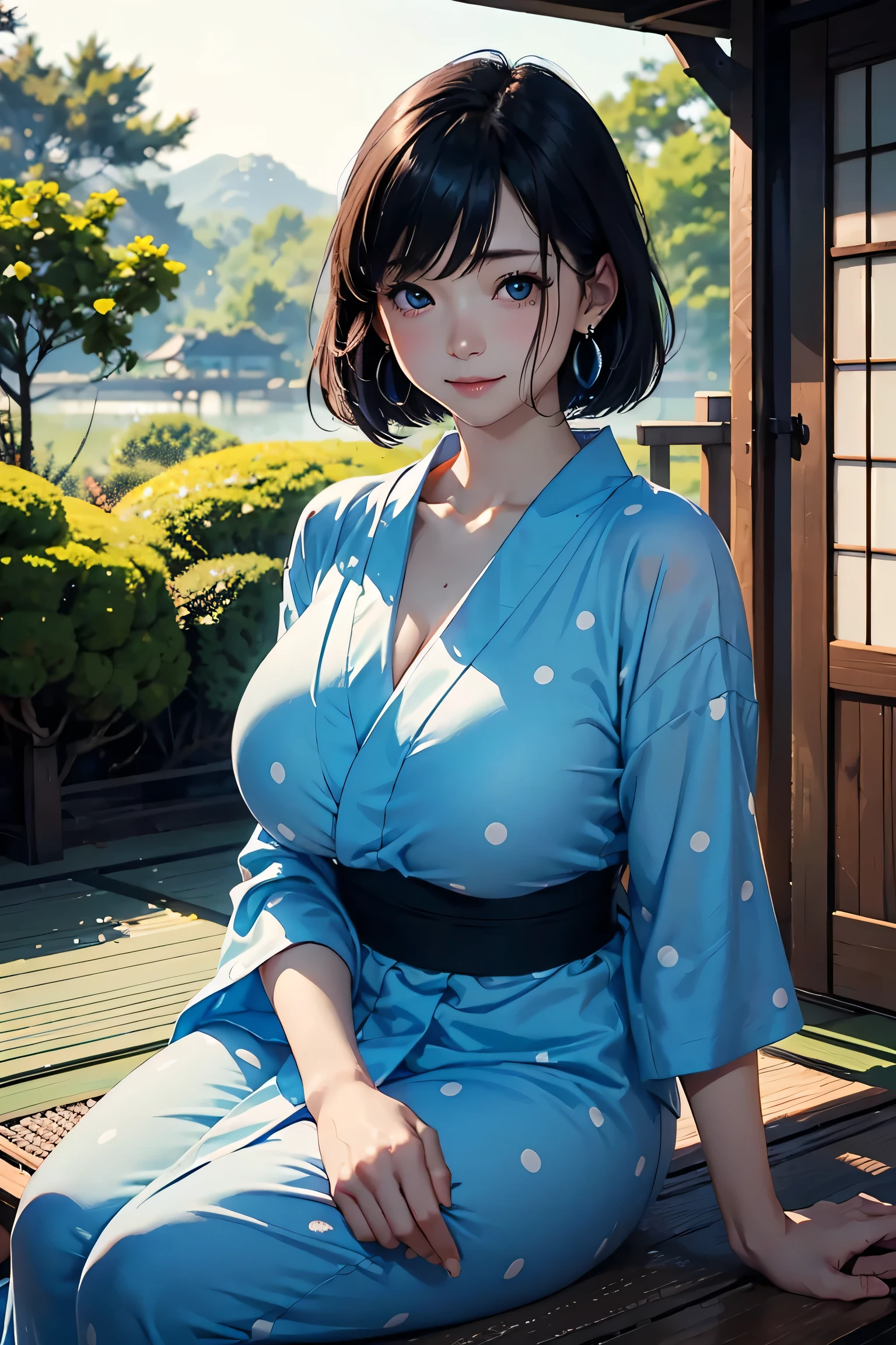 (masterpiece:1.2, Highest quality), (Realistic photos), Beautiful illustrations, (Natural side lighting, Cinema lighting),High detail、1 person, Japanese、20-year-old female, Perfect Face, Symmetrical cute face, Glowing Skin, (Short Bob、Black Hair), Dark blue eyes, (Huge breasts:1.1),Slender build, Flowing bangs、Earrings、Beautiful Hair, Beautiful Face, Fine and beautiful eyes, Beautiful body, Beautiful breasts, (Polka-dot yukata),smile、Blushing、Japanese garden、stand、（Sweating all over）、night