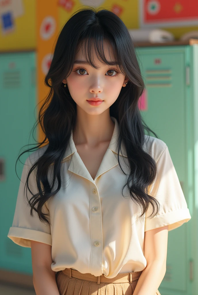(masterpiece,Highest quality:1.4),(8k,RAW Photos,Photorealistic:1.2),Ultra-high resolution, ,(Glowing Skin:1.4),Detailed skin,Detailed face,Detailed eyes,(Beautiful and shining eyes:1.2),Symmetrical eyes,Detailed ears,One person,Natural Makeup,Fat high school girls,(((Japanese Idols))),(Japanese Face),Detailed Background,Vivid background,Beautiful and shiny hair,18-year-old,((Average age breasts)),,(Detailed Summer school uniforms for senior high school girls Japan),,((Sharp Face)),Natural light,,(Very detailed ,Trend design for 2024,online shopping,LUMINE® Market,),Trendy hairstyles,black_hair,long_hair,Upper Body,Instagram Style,(Detailed girls' locker room at school,,Location was great.),