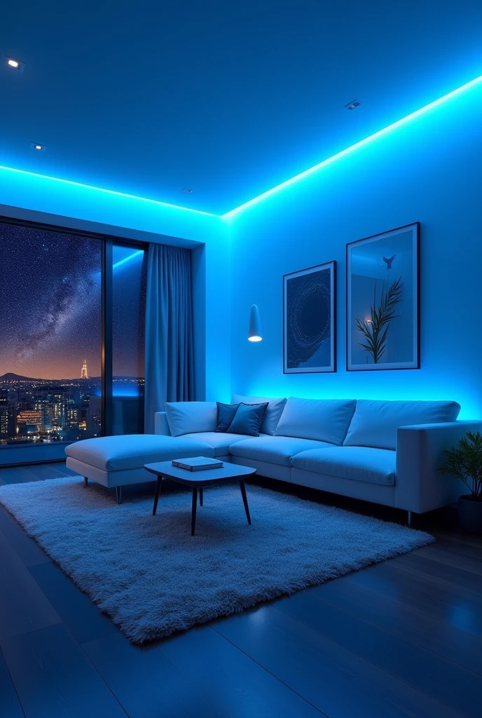 A room with blue led lights, realisitic