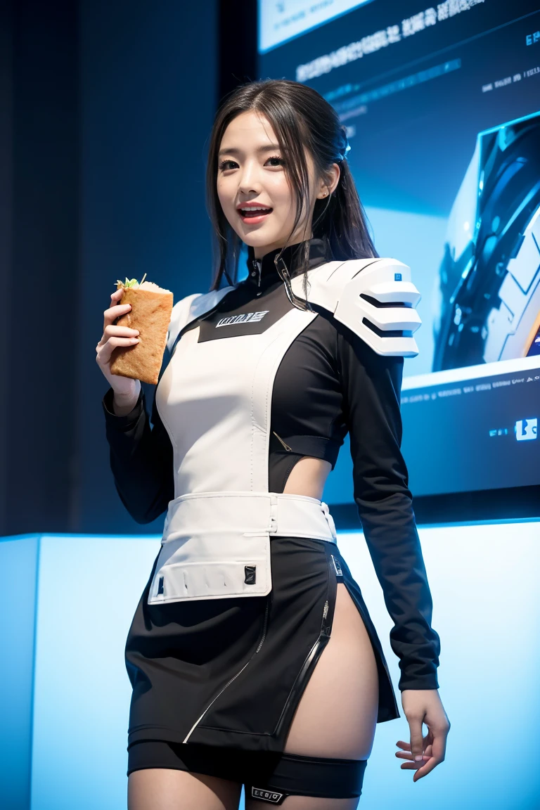 Best Quality、Masterpiece、High resolution photos、8k,1girl,Inside the spaceship、Eating a sandwich,He's holding a sandwich in each hand、Battle Suit、Space food、looking at the camera、laughing、Office uniform、check vest、skirt、Universe Office,open mouth
