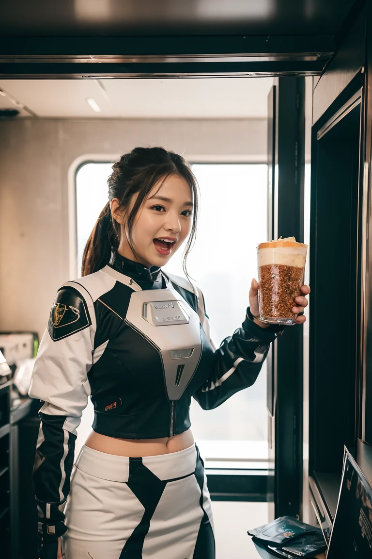 Best Quality、Masterpiece、High resolution photos、8k，1girl,Inside the spaceship、Eating a sandwich,He's holding a sandwich in each hand、Battle Suit、Space food、looking at the camera、laughing、Office uniform、check vest、skirt、Universe Office,open mouth