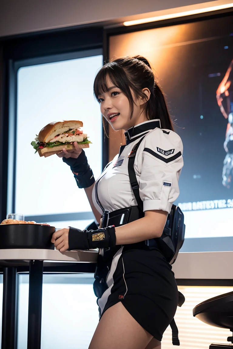 Best Quality、Masterpiece、High resolution photos、8k,1girl,Inside the spaceship、Eating a sandwich,He's holding a sandwich in each hand、Battle Suit、Space food、looking at the camera、laughing、Office uniform、check vest、skirt、Universe Office,open mouth