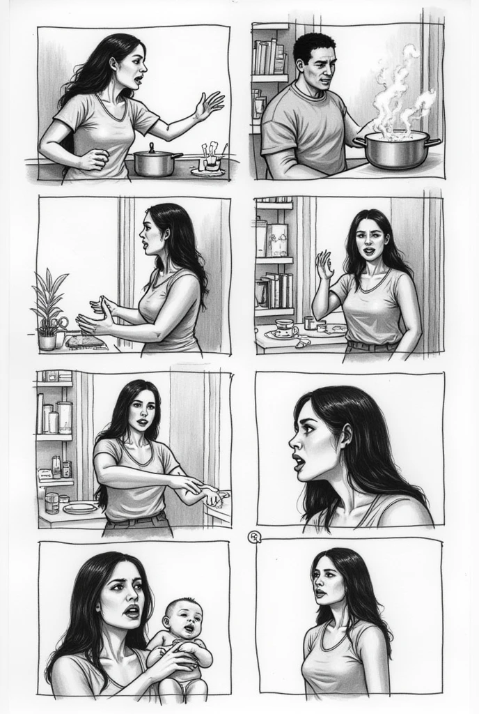 Create a black and white storyboard, and sketch drawings, with the following scenes numbered in a rectangle: 1. Woman arguing with a man, shouting and hitting, in a house 2. Woman cooking in a house 3. A woman with a baby in her arms. 4. Woman crying a lot.