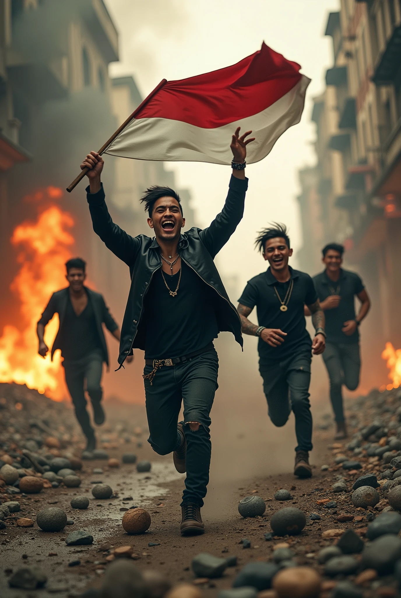 (photorealism:1.2), 5 gothics youngman with a thin masker, running while carrying the indonesian flag in the chaos city(view from the side angle camera), and the others is throwing bricks and rocks to the enemy, dust and rocks, war conflict, flames and destroyed buildings etc.
