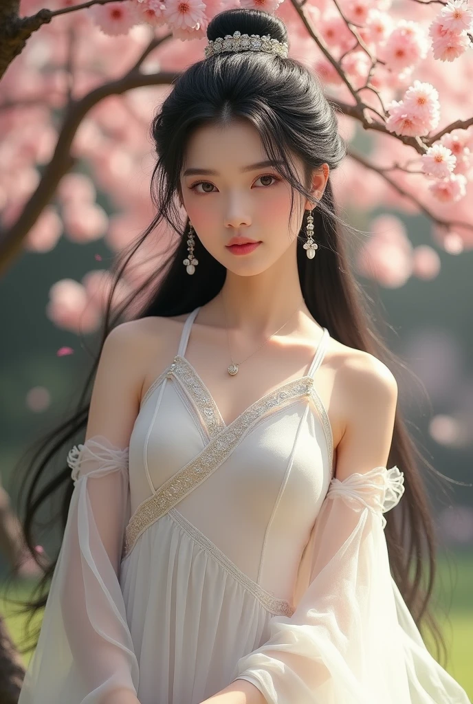 Yue mingkong, 1girl, solo, long hair, black hair, bare shoulders, jewelry, earrings, dress, chinese clothes, white dress, cleavage, hair ornament, large breast, detached sleeves , headwear , hugh breast 1.20