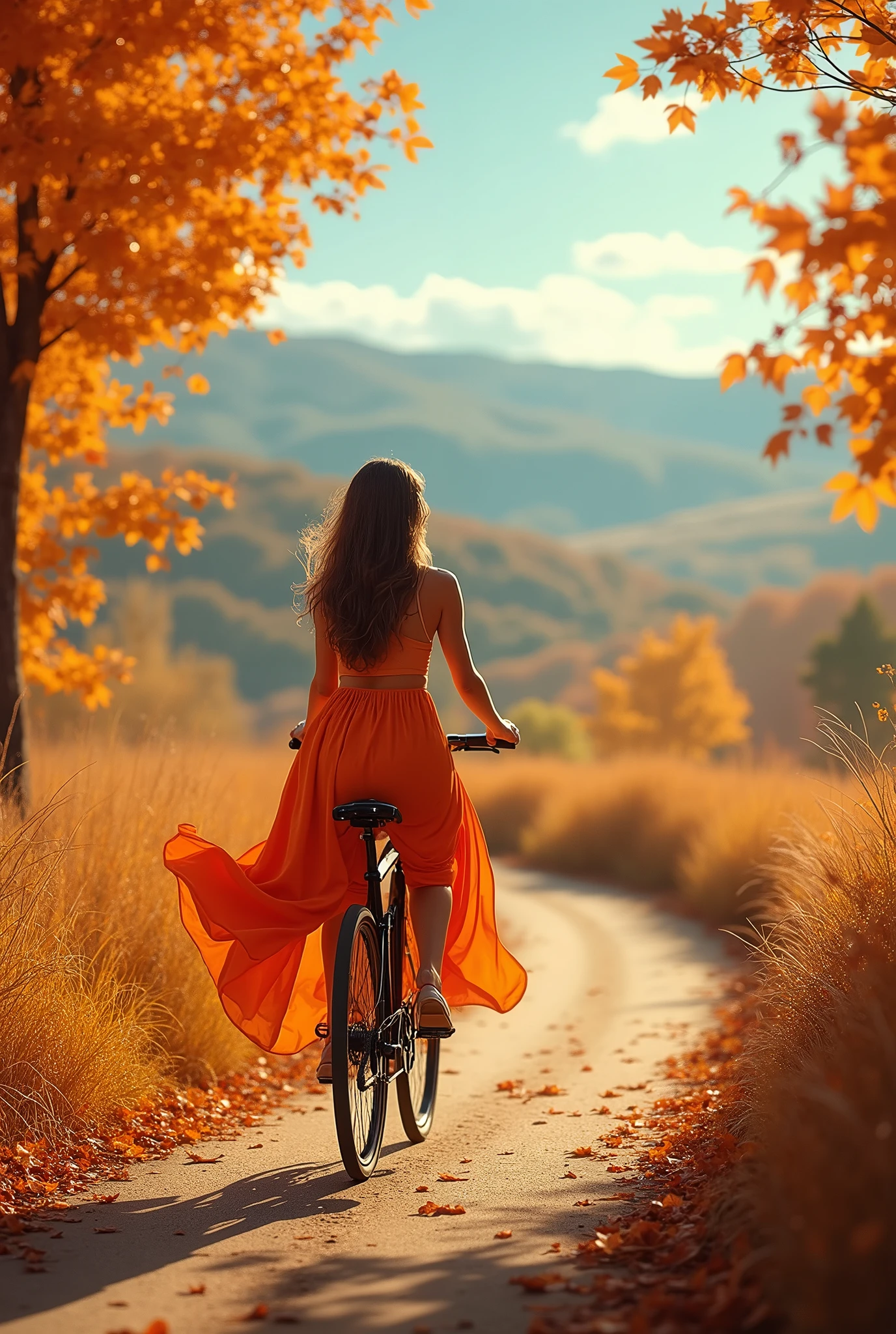 Create an award-winning, ultra-realistic, surreal landscape image featuring a very beautiful female cyclist riding gracefully through a serene autumn environment. The scene is set during the day, with the warm sunlight filtering through a canopy of vibrant autumn leaves in shades of gold, orange, and red, casting a soft, radiant glow across the landscape. The path she rides on is lined with fallen leaves that crunch under the wheels of her bike, while more leaves gently drift down from the trees, creating a magical, almost dreamlike atmosphere. The cyclist, with a serene and content expression, blends harmoniously into the natural surroundings, her movement fluid and graceful as she glides through the peaceful setting. The landscape extends into the distance, where the rolling hills and colorful trees create a stunning backdrop that enhances the tranquility of the scene. The overall atmosphere is one of serene beauty and calm, with the crisp, cool air of autumn almost palpable as the scene captures the perfect harmony between the human spirit and the breathtaking beauty of nature, all under a bright, clear sky filled with the rich colors of the season."
