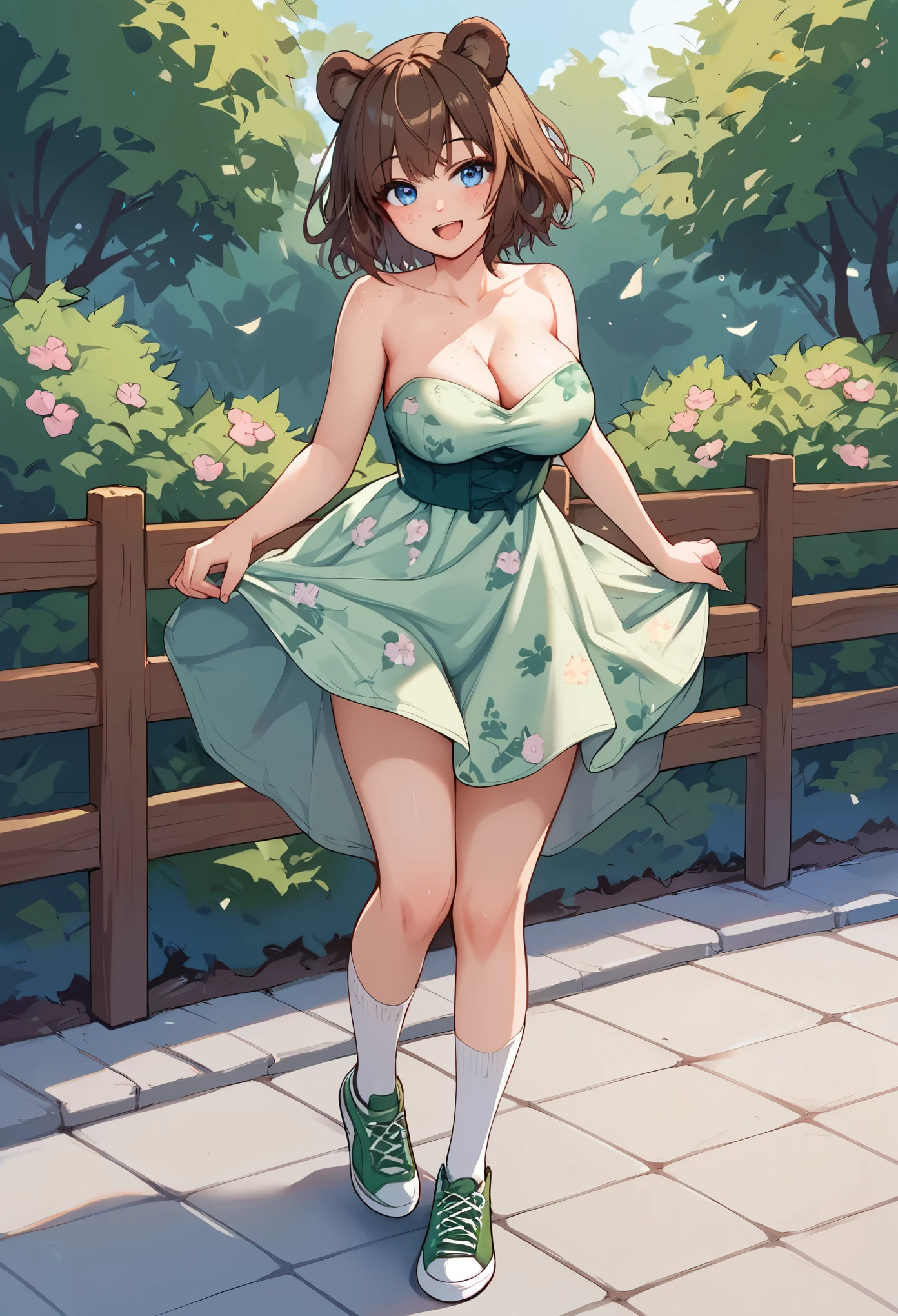 score_9_up, score_8_up, score_7_up, 1girl, solo, source_anime, hourglass figure, Big breasts, kemonomimi, bear ears, brown hair, short hair, messy_hair, blue eyes BREAK freckles, floral print sundress, green sundress, bare shoulders, strapless, high socks, green sneakers, smile, open mouth, looking at viewer, outdoors, standing, flower garden, wooden fence, bush, blush 