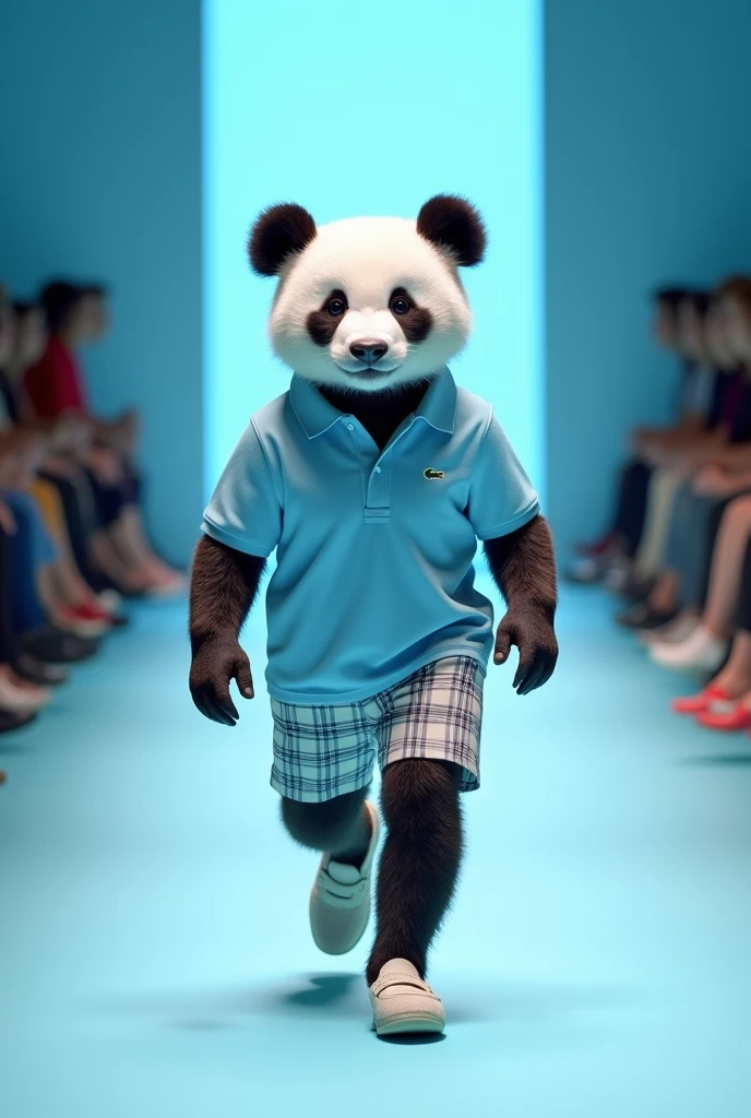 Panda Variety:	Preppy Panda	,Outfit Description:	Wearing a Lacoste polo shirt, plaid shorts, and loafers.	,Style Theme:	Preppy, Casual	,Brand Inspiration:	Lacoste	"high-end design style， Paris Fashion Show，Macaron light blue series，Perfect color matching，high-end feel,Long Shot，Full body，Dynamic capture of runway shows，16K --chaos 40 --ar 9:16 --stylize 750
16K chaos, dynamic capture, Fashion runway, high-end design style, macaron light blue series, Paris Fashion Show, v 6 "
