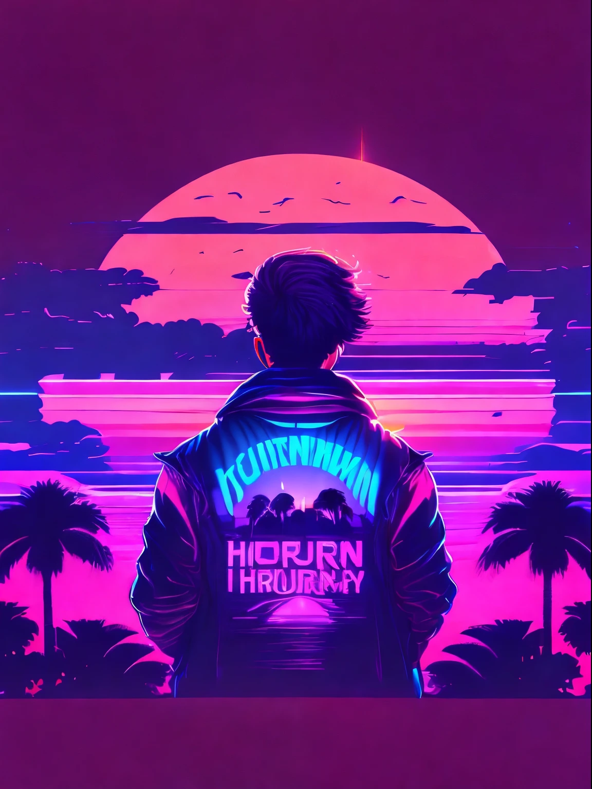 ((Best quality),(Masterpiece),(Amazing detail),illustration,high resolution,tshirt design, rzminjourney, vector-art,synthwave style,sunset,palm,outrun style,dreamy,future style,Digital art, 1boy, coat, view from behind, text on dress: HORUS