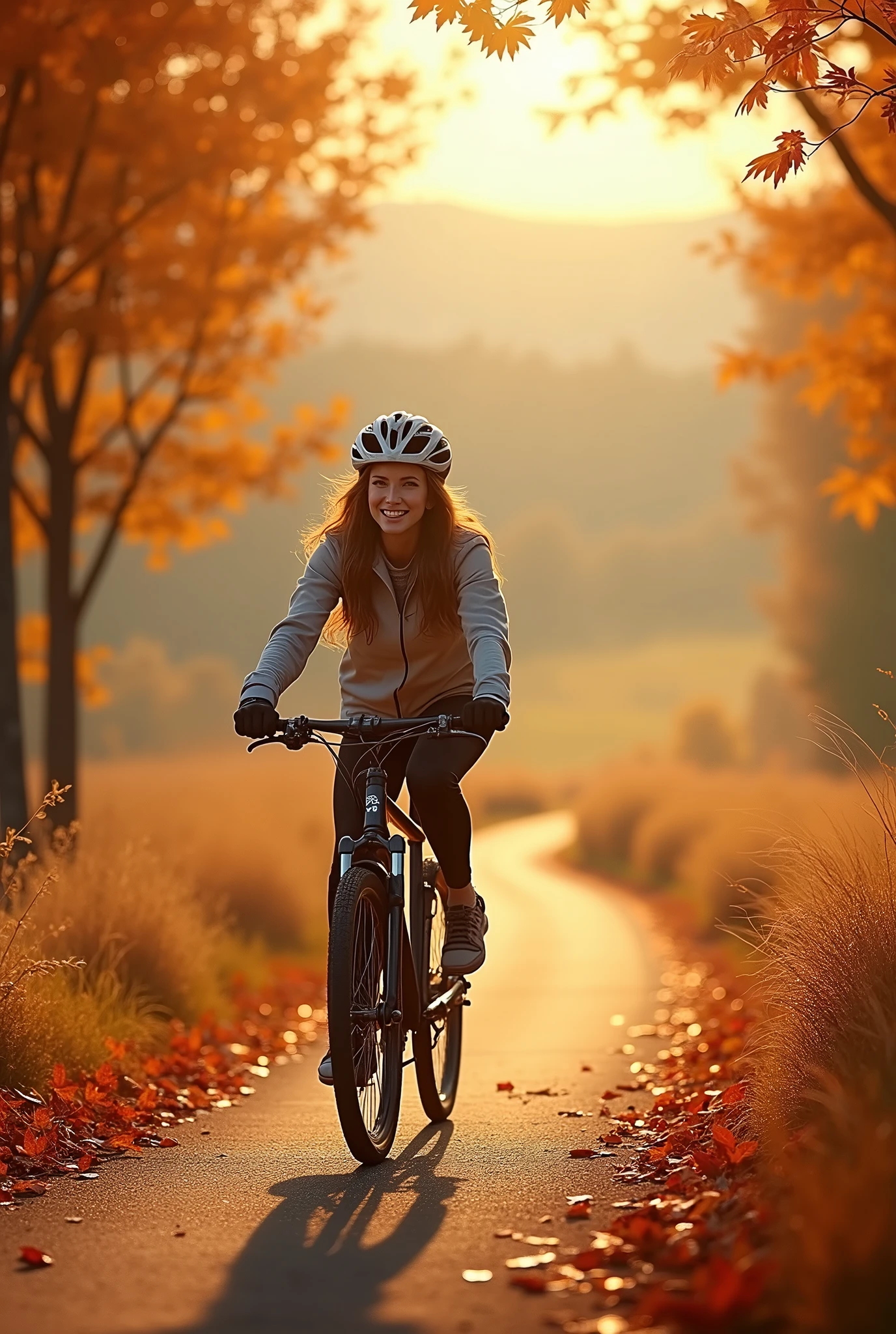 Create an award-winning, ultra-realistic, surreal landscape image featuring a very beautiful female cyclist riding gracefully through a serene autumn environment. The scene is set during the day, with the warm sunlight filtering through a canopy of vibrant autumn leaves in shades of gold, orange, and red, casting a soft, radiant glow across the landscape. The path she rides on is lined with fallen leaves that crunch under the wheels of her bike, while more leaves gently drift down from the trees, creating a magical, almost dreamlike atmosphere. The cyclist, with a serene and content expression, blends harmoniously into the natural surroundings, her movement fluid and graceful as she glides through the peaceful setting. The landscape extends into the distance, where the rolling hills and colorful trees create a stunning backdrop that enhances the tranquility of the scene. The overall atmosphere is one of serene beauty and calm, with the crisp, cool air of autumn almost palpable as the scene captures the perfect harmony between the human spirit and the breathtaking beauty of nature, all under a bright, clear sky filled with the rich colors of the season."