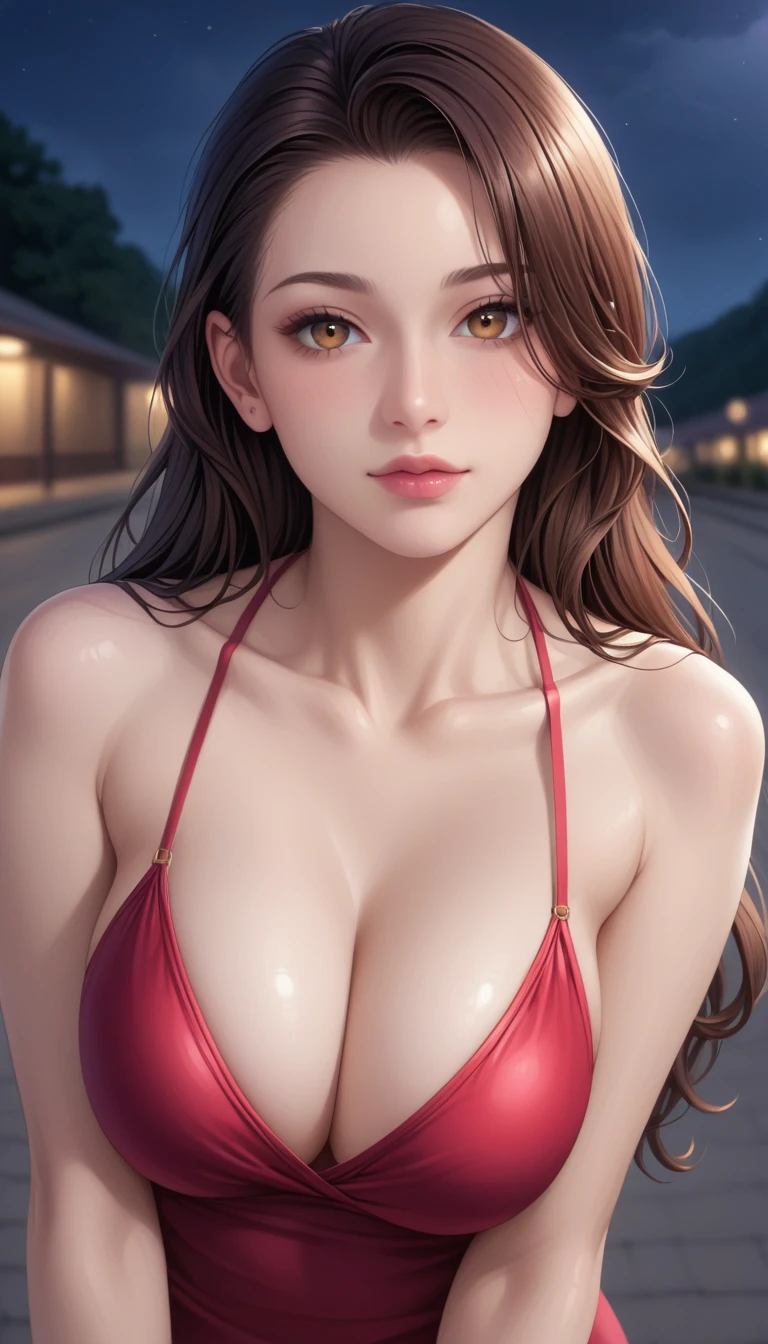 score_9, score_8_superior, score_7_superior, High-resolution CG illustration,A masterpiece in 32K resolution,Highest quality,it is really amazing,Very detailed,Ultra-high resolution,Ultra-realistic,Realistic,Increased depth of field,Cinematic lighting,
Sexy mature Japan woman,
Straight long hair with brown hair,Showing his forehead,god々Beautiful,Ultra-detailed and beautiful face,Calm and gentle look,Beautiful dark brown moist eyes,Glowing, moisturized skin,Translucent white skin,born々New skin texture,Great proportions,
Elegant red swimsuit,
Simple design,Chic color scheme based on red,詳細なborn地の質感,
(Dark and blurry background:1.1),Dark overcast sky on a dull night,Dark clouds filling the sky,Thundercloud,Coastline at night,Stormy seas,delay々A desolate sandy beach that continues,
(Beautiful cleavage:1.1),(High angle:1.1),