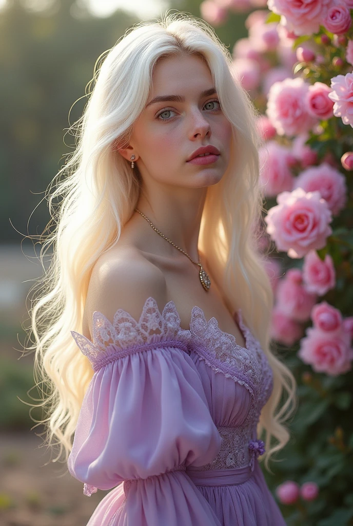 an 18 year old girl, skin pale as snow, platinum blonde hair, light pink eyes, full lips, wearing lilac 1800s clothing