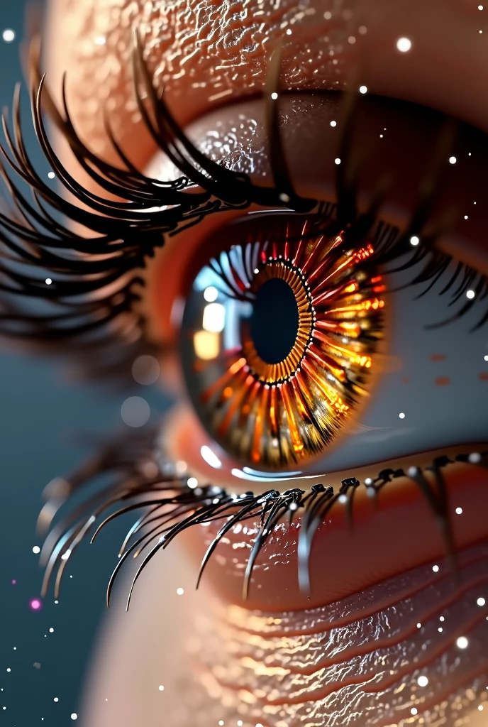 a beautiful brown eye, image showing beauty and crystals, it looks majestic