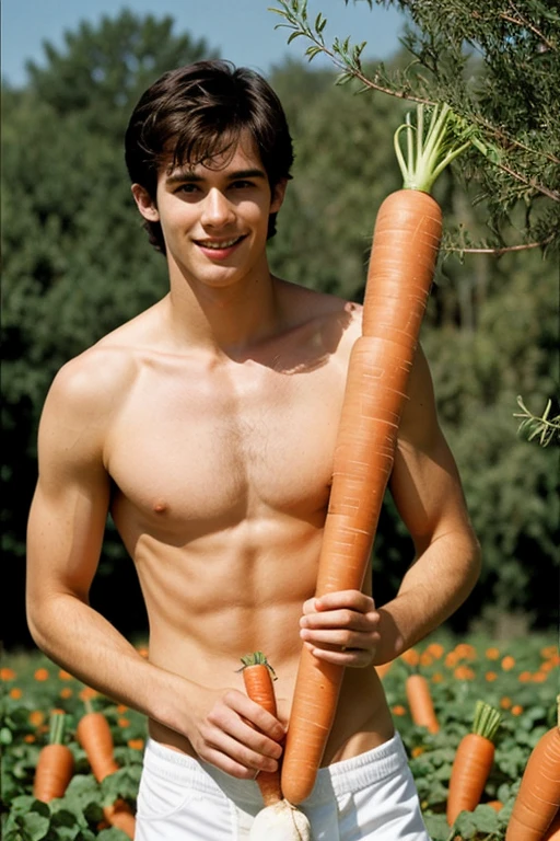 young, Beautiful, handsome, white, skinny, soft skin, beautiful face, shirtless, large penis in a carrot garden picking carrots