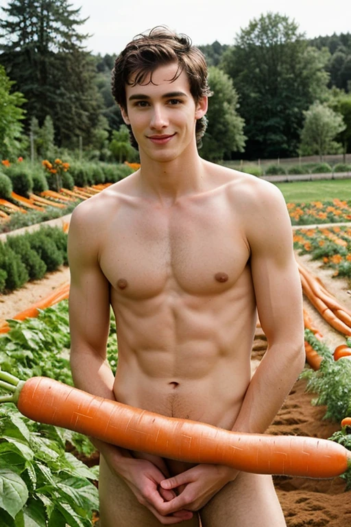 young, Beautiful, handsome, white, skinny, soft skin, beautiful face, shirtless, large penis in a carrot garden picking carrots