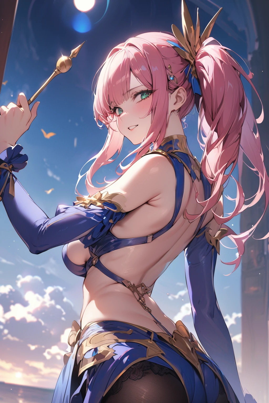 ((Masterpiece, Highest quality)), Detailed face,  full bodyesbian, Full of details, Beautiful paladasy mage costume，wearing sky blue clothes,Orange caramel，Extremely beautiful，High Balance, Natural light, Lace，lacepantyhose，Sun decoration,((side ponytail)),((zero two)),dynamic angle,dynamic pose,