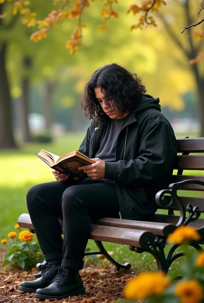 Make a teenager with a black jacket,black pants,The teenager is fat,has long hair,He is reading a book
Curly black hair