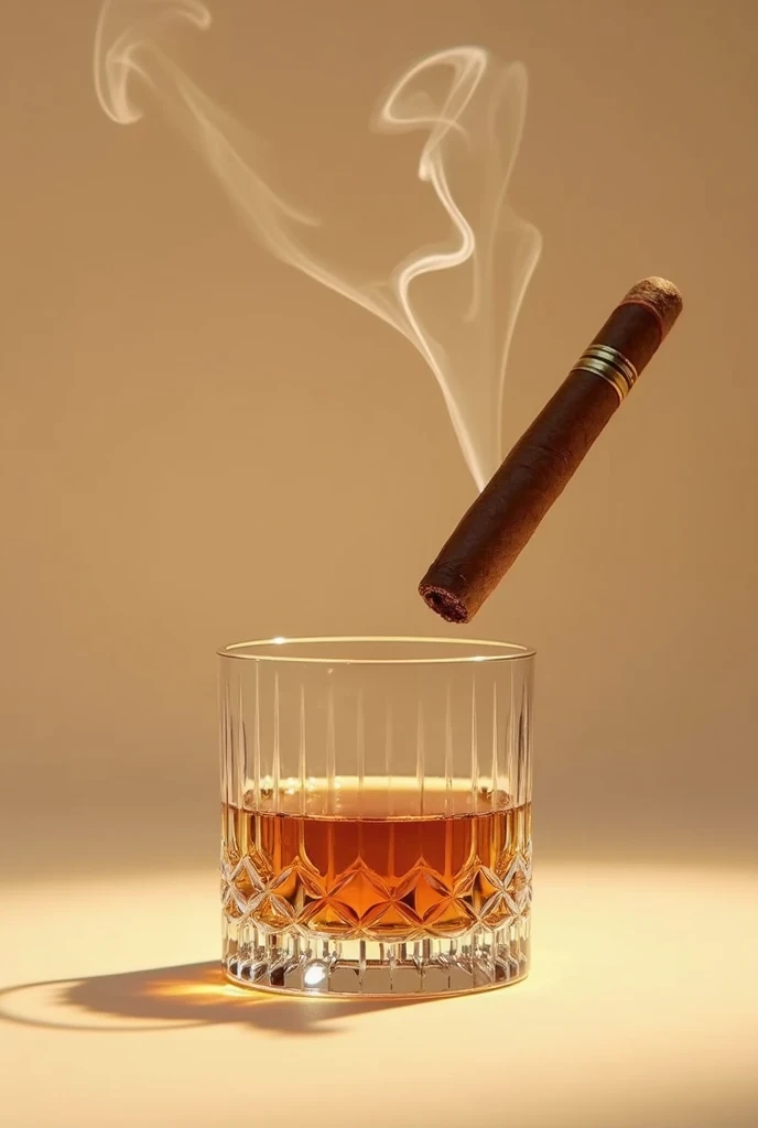 Shows a short glass of whiskey with crystal details, on a beige background and a cigar out above in the air with smoke