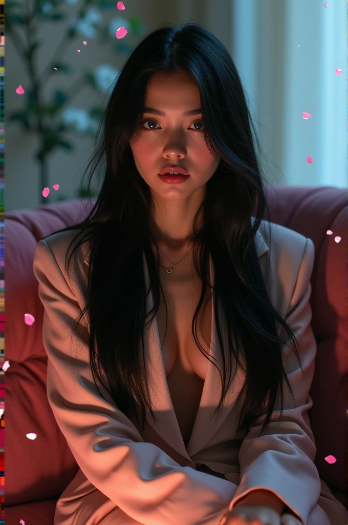 /imagine prompt: Woman with long straight black hair, blue eyes, upturned nose, pale skin, thin body, she wears only a long jacket slightly open, sitting on the sofa , medium shot, lightcore, 90s, josephine wall