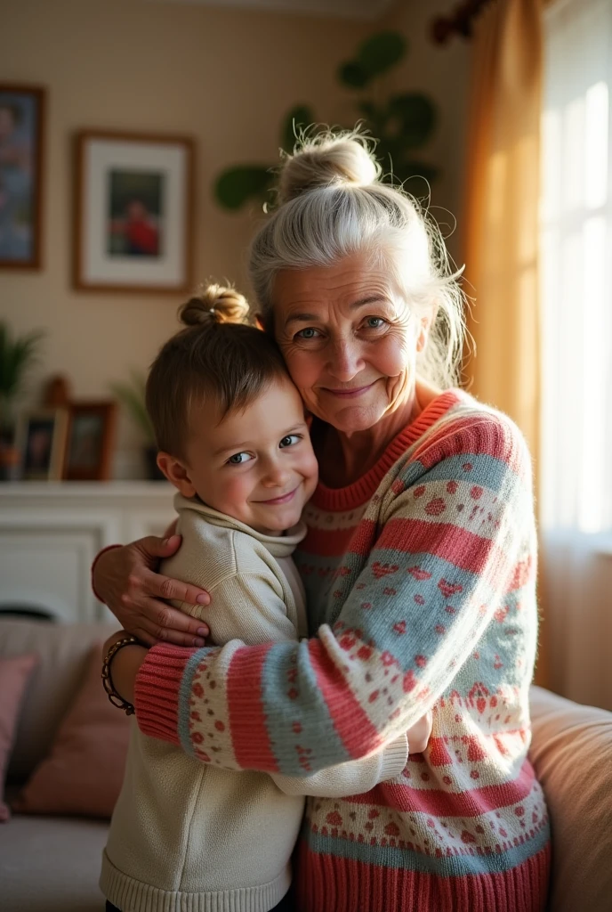 A grandmother hugging her grandson