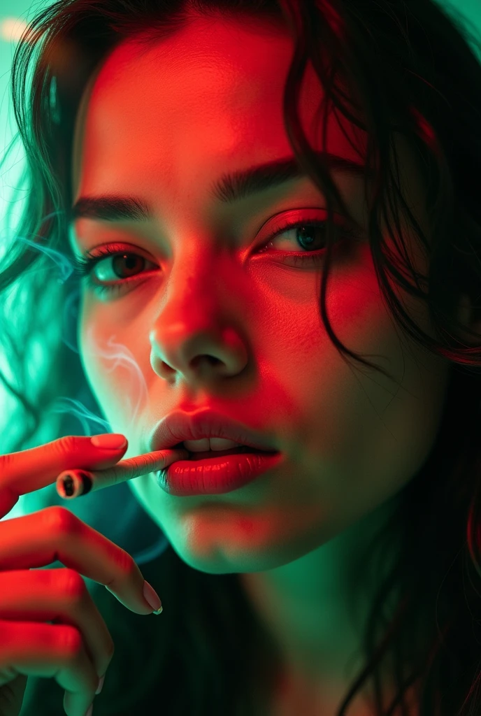 A face of a person close to the screen smoking cigarette in red whit and green colours