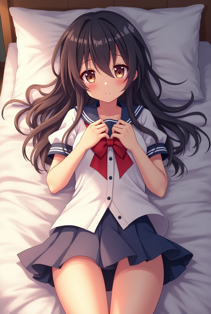An anime-style image of a girl lying on a bed in a room. in a school uniform. Surreal school girl. Seductive anime girl. Surreal school girl. . Cute anime girl image. Lovely anime girl. Anime girl. Realistic school girl. Small details. Girls Frontline. Showing her vagina. Legs spread. Lying down and getting fucked.
