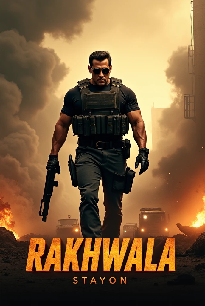 Title: Rakhwala

Tagline: "Dushman jo samjhe tha raaste mein aayega, woh raaste par nahin rahega."

Visuals:

Background: Ek rugged, industrial area ya barren desert landscape jahan dust aur smoke chhaya hua hai.
Foreground: Salman Khan ek intense action pose mein, full combat gear mein, jaise ek tactical vest aur sunglasses. Uski body language strong aur commanding hai, aur haath mein ek weapon (like a rifle or fist) ho sakta hai.
Color Scheme: Dark aur gritty tones, jaise charcoal blacks, deep browns, aur vibrant orange highlights explosions ya fire ke liye.
Text: Title "Rakhwala" ko center mein bold aur aggressive font mein likha jaye. Tagline ko niche ya side mein in a smaller, sharp font.
Additional Elements: Action-packed scenes jaise speeding vehicles, flying debris, aur intense lighting effects, jo poster ko dynamic aur engaging banaye.
Is prompt ko use karke aap Salman Khan ko ek impactful aur thrilling action role mein dikhane wala poster design kar sakte hain.