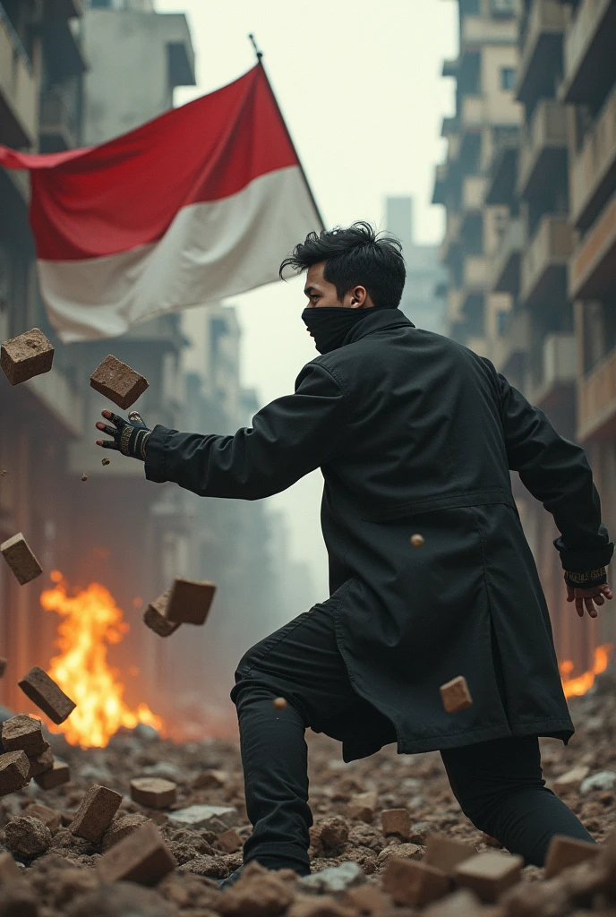 (photorealism:1.2), 1gothics youngman with a thin masker is throwing bricks and rocks to the enemy, dust and rocks, the indonesian flag in the chaos city(view from the side angle camera), at war conflict, flames and destroyed buildings etc.